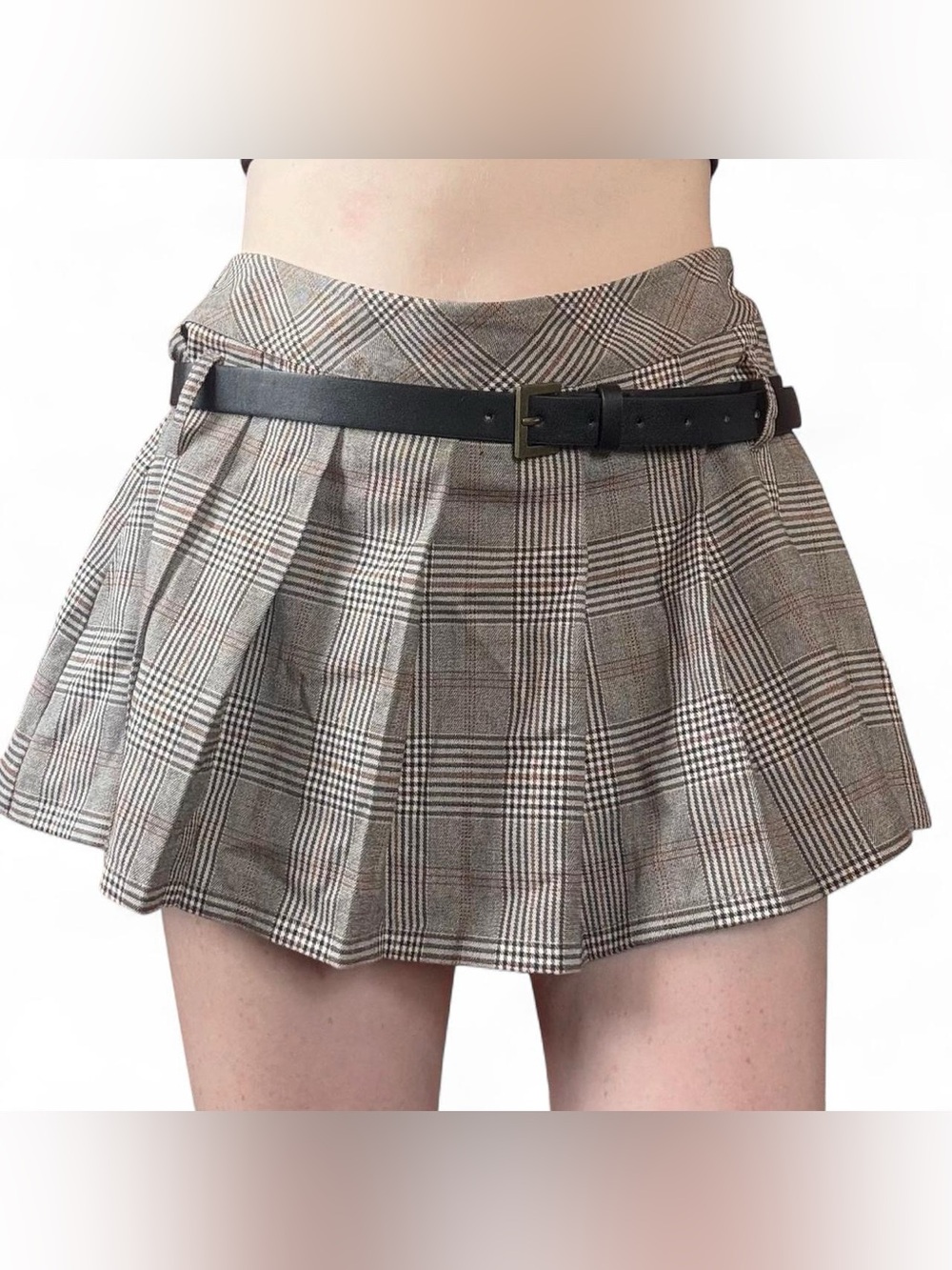 Plaid Pleated Mini Skirt with Belt - Brown Check